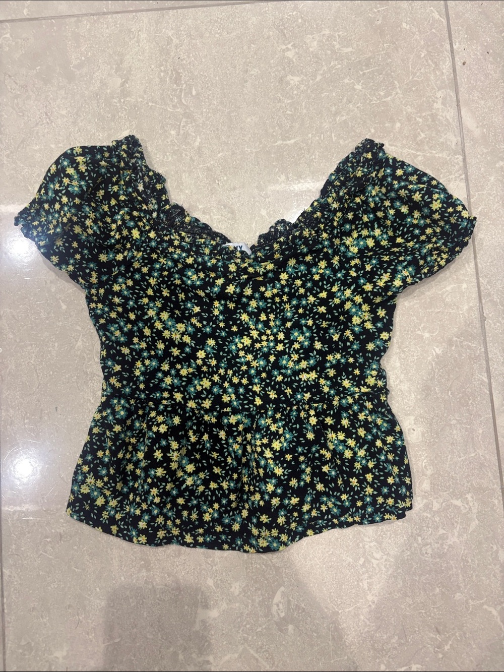 Old Navy Black Floral Short Sleeve Peplum Top with Yellow & Green